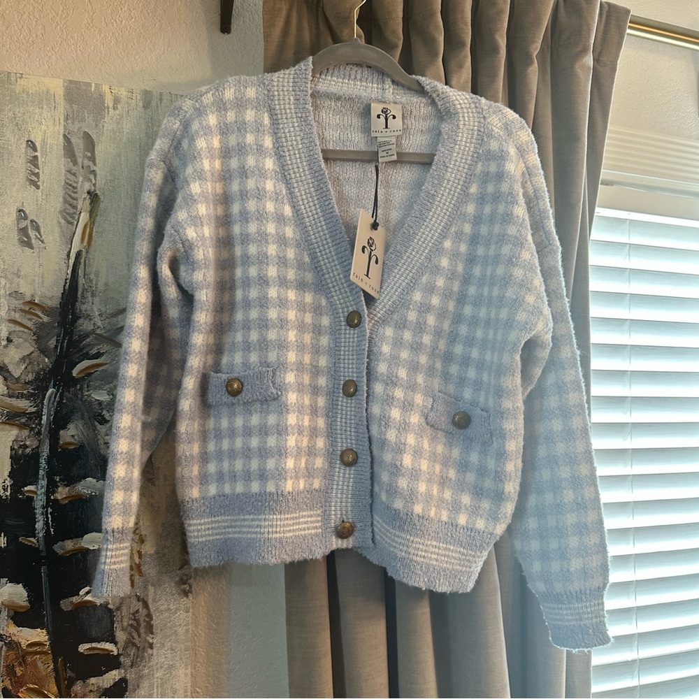 RAIN + ROSE Cozy Light Blue Checkered Cardigan SIZE M NWT